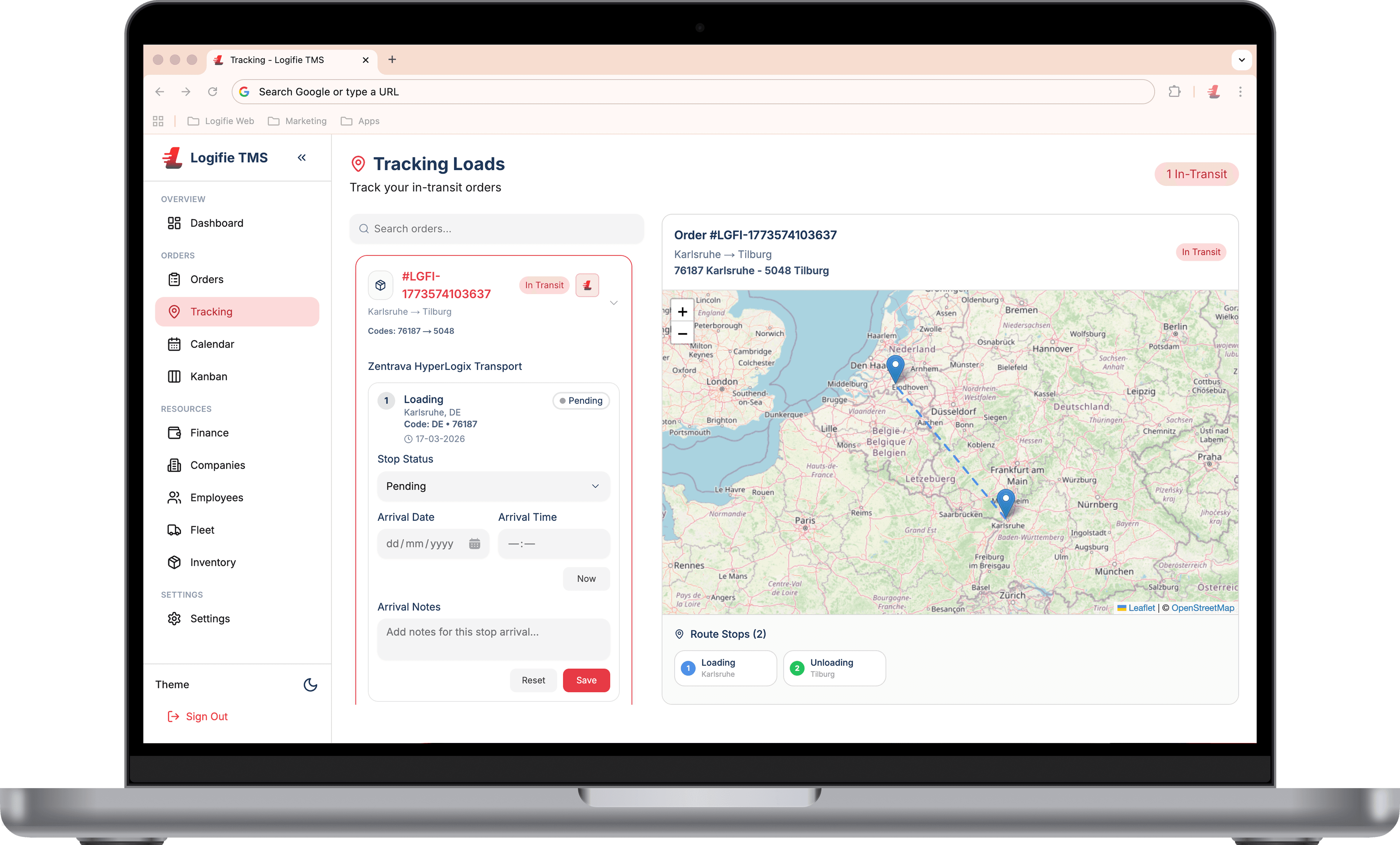 Logifie TMS live tracking dashboard