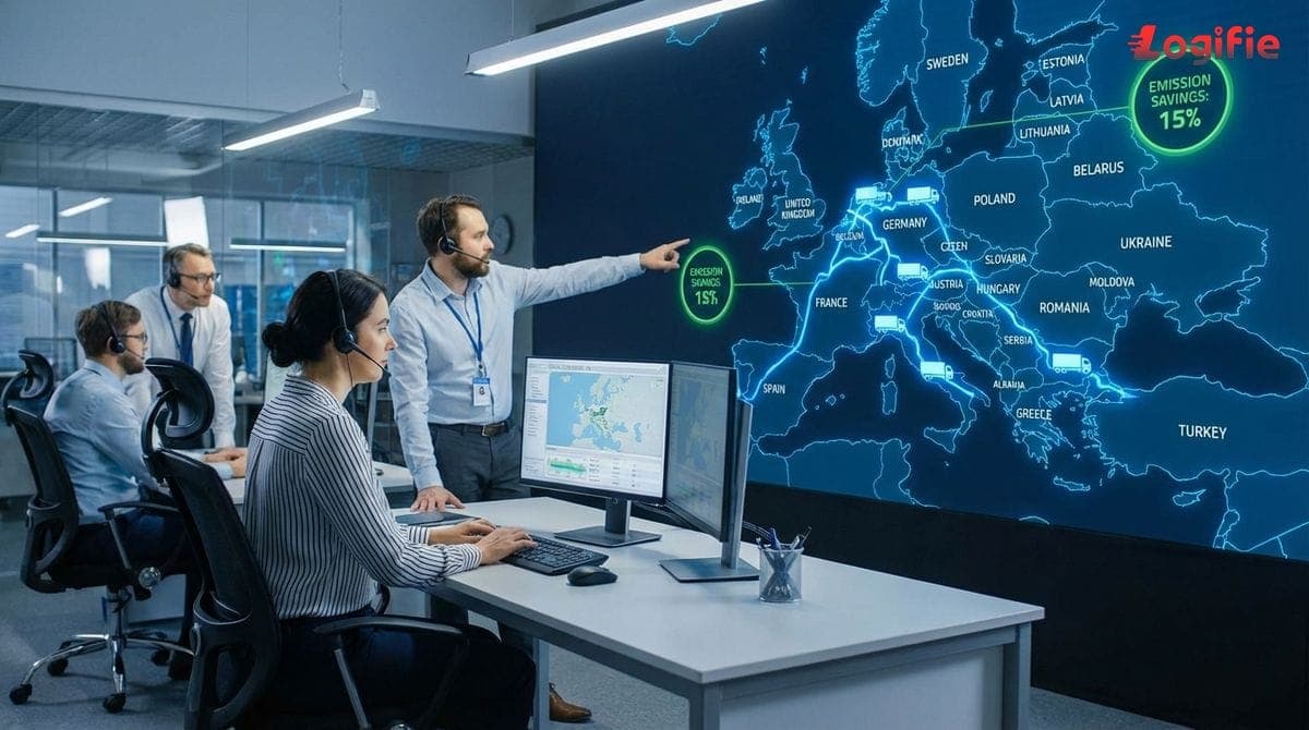 Disponenter övervakar en Europakarta med optimerade lastbilsrutter och indikatorer för utsläppsbesparingar