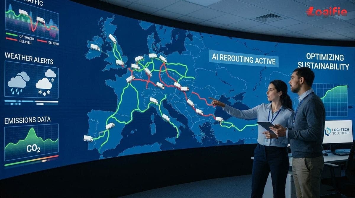 Digital karta visar hur AI omleder lastbilar i realtid utifrån trafik, väder och utsläppsdata