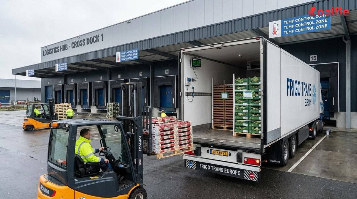 Foto eines Kühlwagens, der Paletten mit verderblichen Gütern in einer europäischen Cross-Docking-Anlage belädt, mit sichtbaren Temperatursensoren.