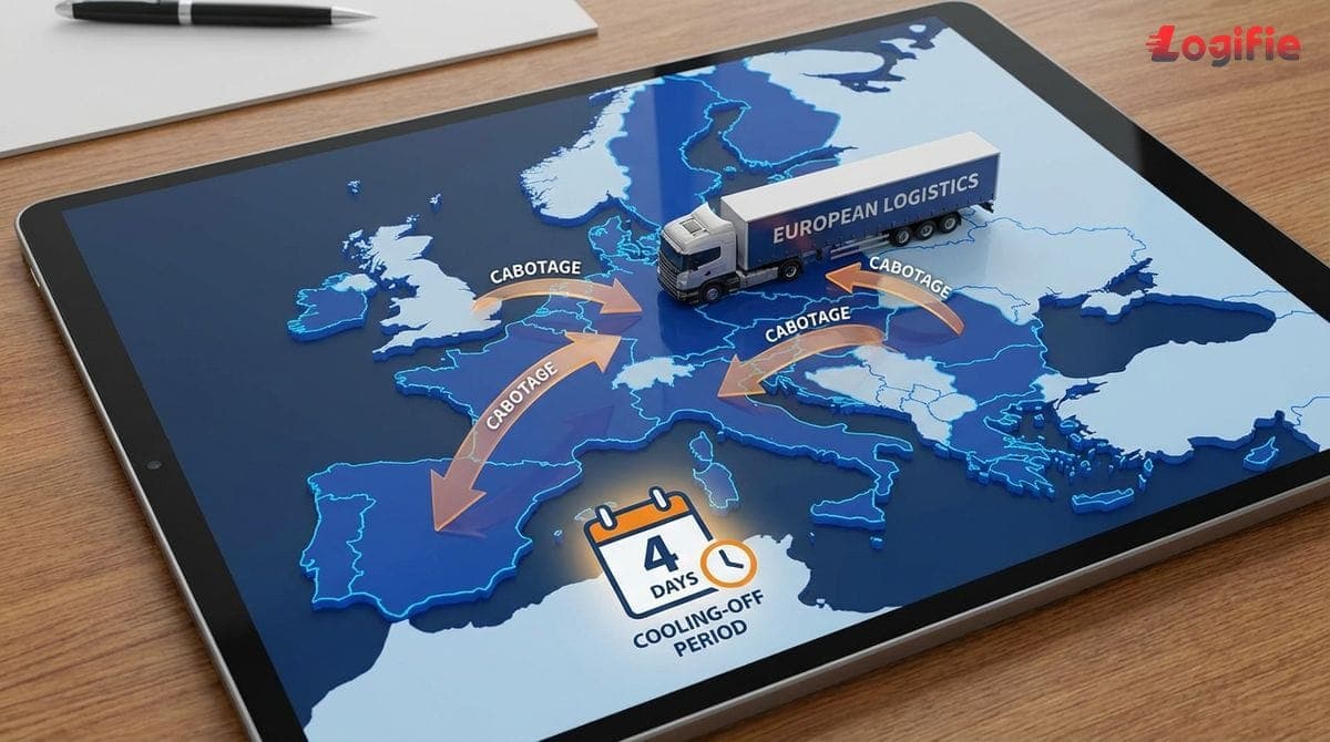 Ilustrație cu o hartă a UE și un camion care trece granițele, cu săgeți de cabotaj și o pictogramă de calendar pentru perioada de 4 zile