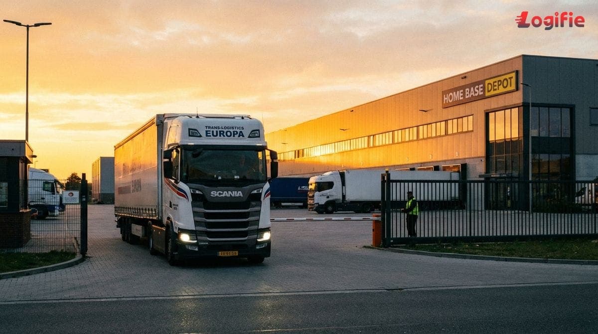 Fotografie cu un camion european care se întoarce la bază la apus, cu un depozit în fundal