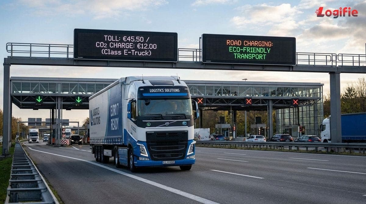 Lastbil närmar sig en europeisk tullstation; digitala skyltar visar tulltaxor och CO2-tillägg