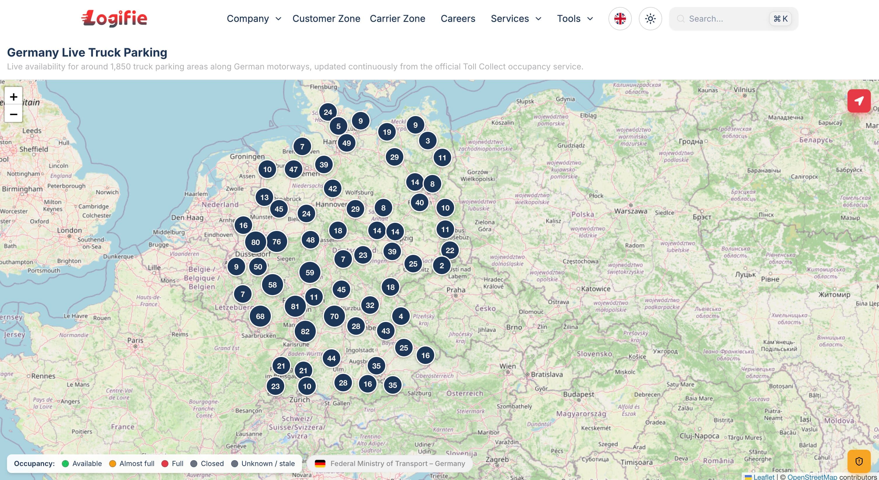 Logifie Germany Live Truck Parking map showing cluster pins across the German Autobahn network, colour-coded by live SID occupancy status — green, amber, red, and grey