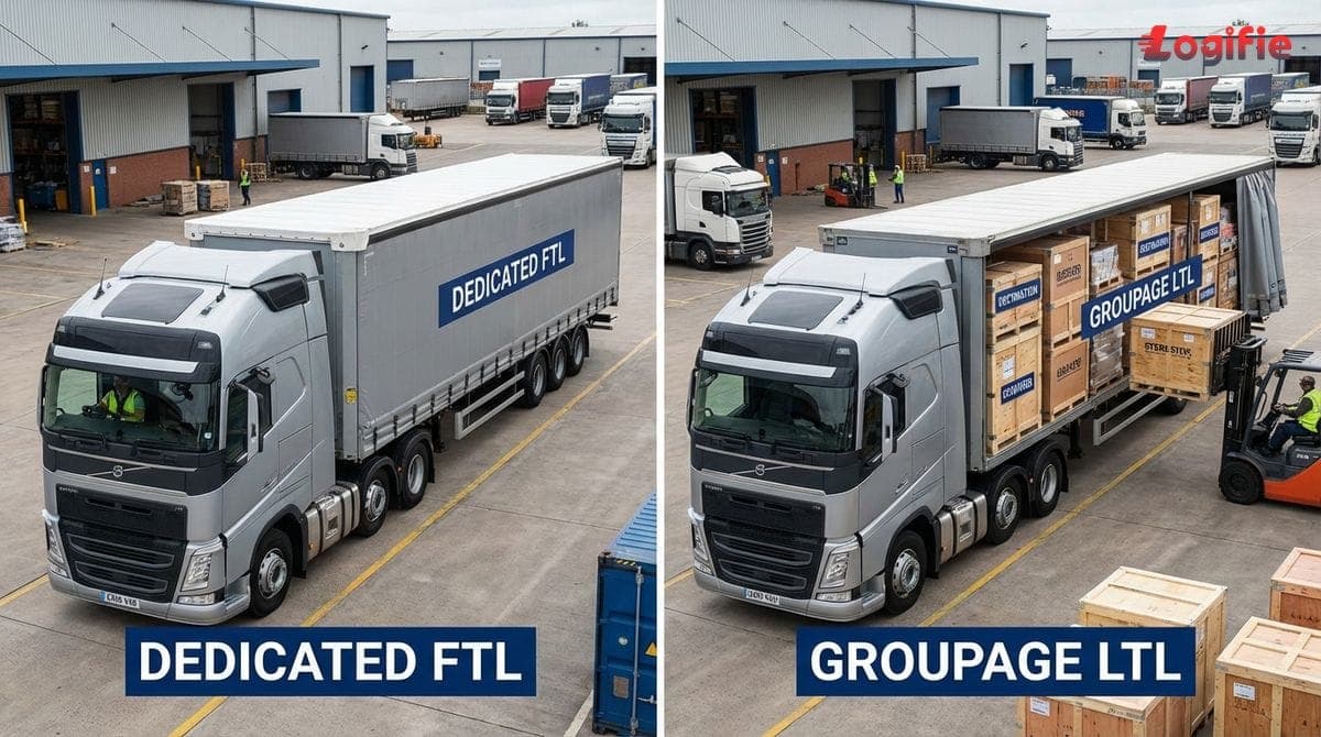 Side-by-side view comparing a dedicated FTL truck with a groupage trailer carrying multiple pallets