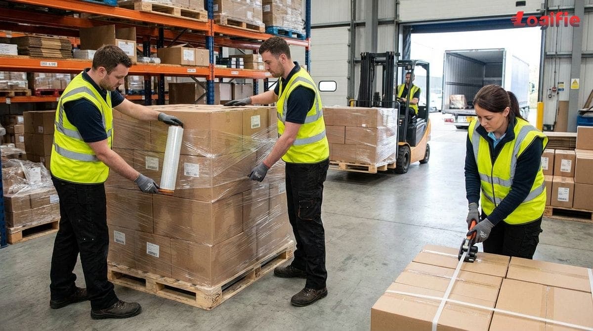 Warehouse team wraps and straps pallets before loading them for a groupage shipment