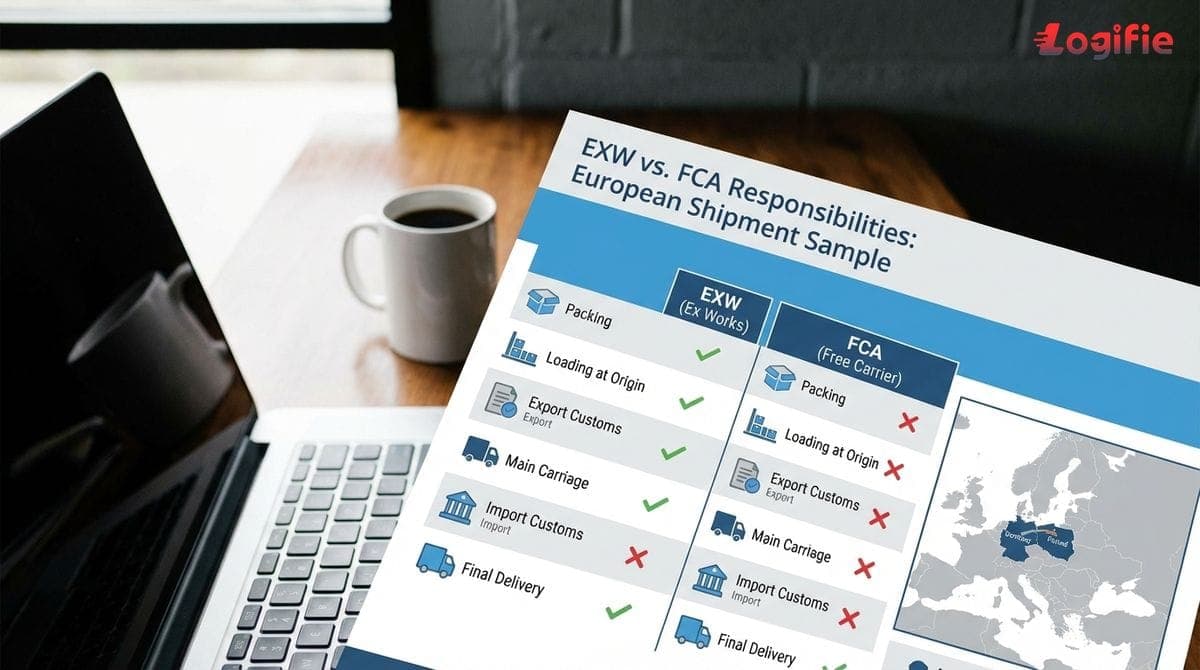Kaavio vertailee EXW- ja FCA-vastuita esimerkkilähetyksessä Euroopassa