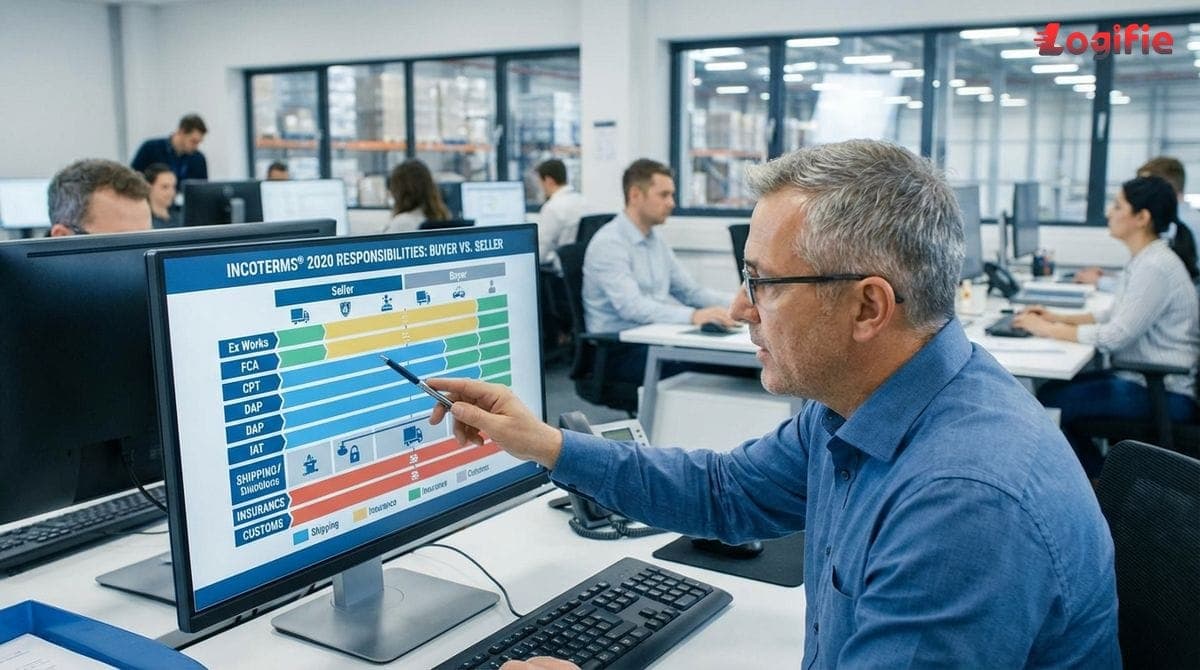 Logistiikkapäällikkö tarkastelee näyttöä, joka erittelee Incoterms-vastuut ostajalle ja myyjälle