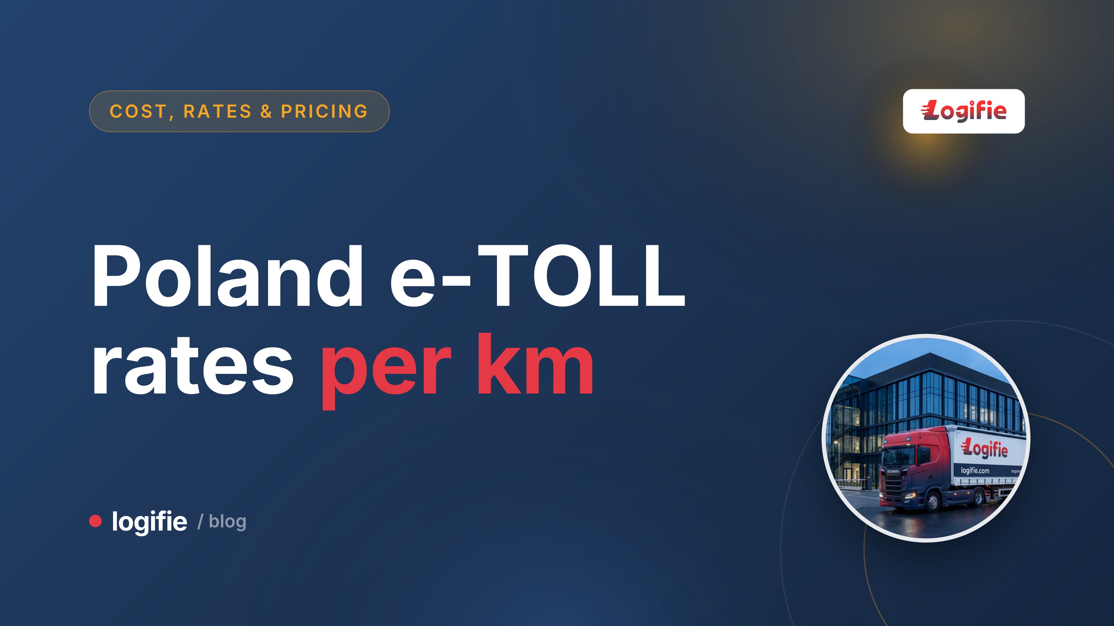 Editorial illustration of a heavy truck on a Polish motorway passing under a stylised toll gantry with a per-kilometre rate board