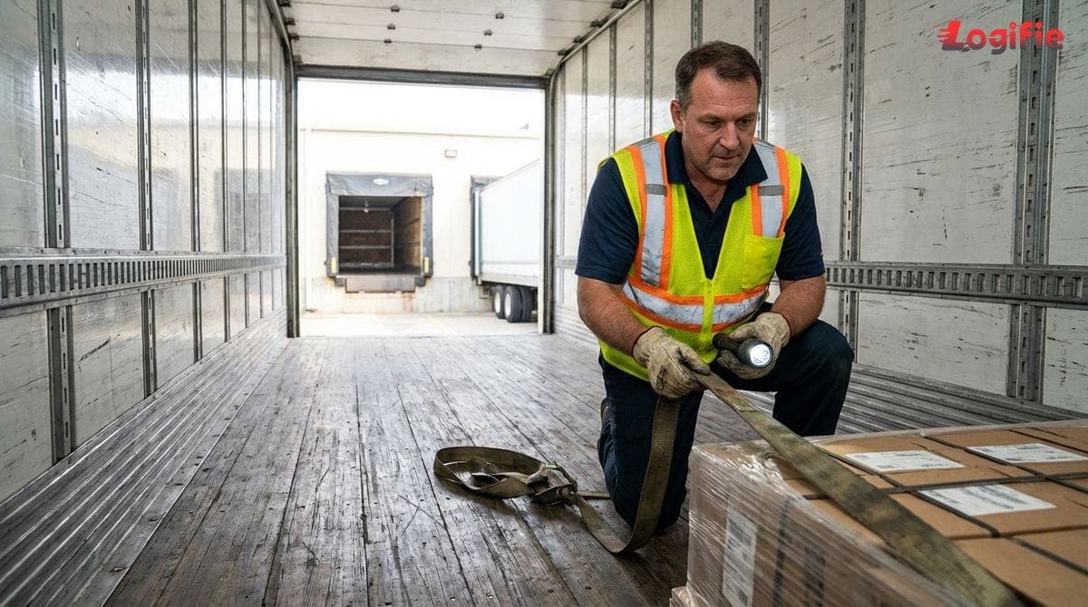 Sjåfør inspiserer lastestropper inne i trailer før avgang for å bekrefte at alt er sikret