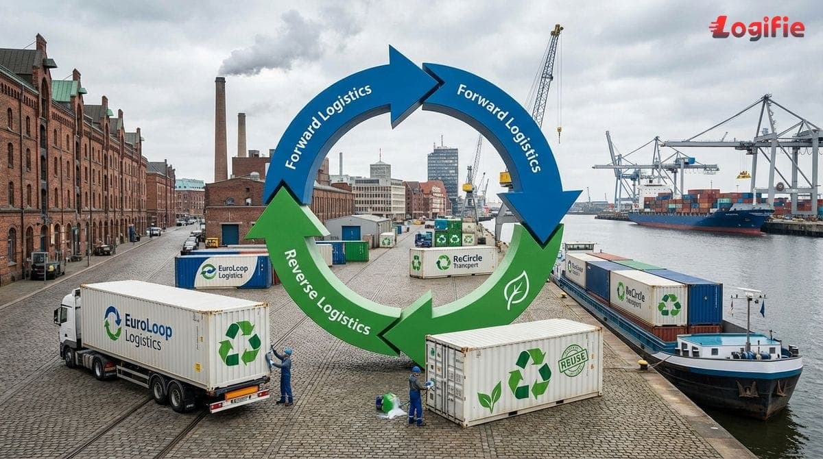 Illustratie van een circulaire toeleveringsketen met pijlen voor voorwaartse en teruggaande logistieke stromen, hergebruikte containers en recyclingsymbolen in een Europese context.