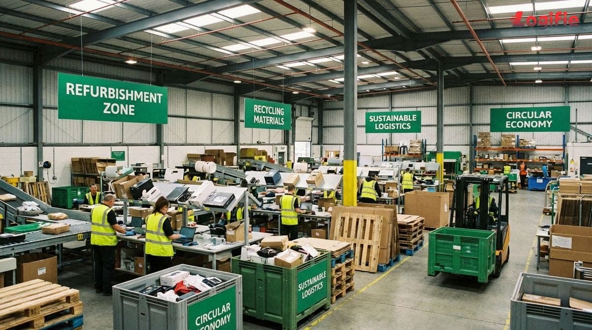 Magazijn waar geretourneerde pakketten worden gesorteerd voor hergebruik, refurbishment en recycling, met medewerkers en groene borden.