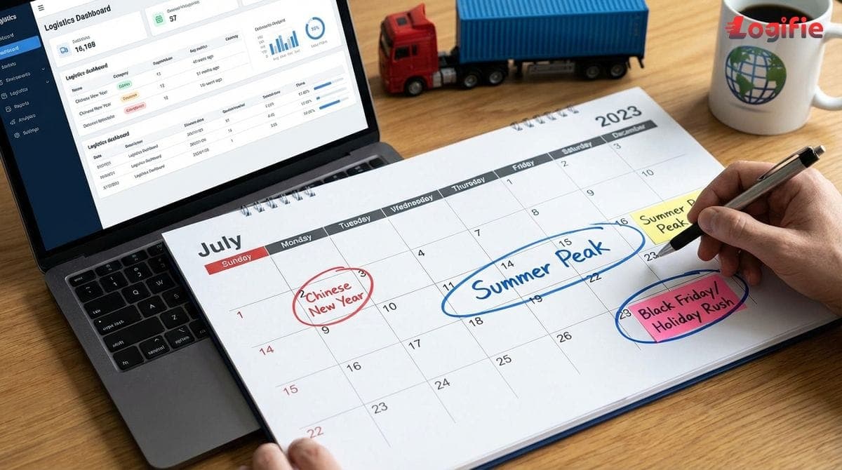 Calendar highlighting major European logistics peaks such as Chinese New Year, summer holidays and holiday sales
