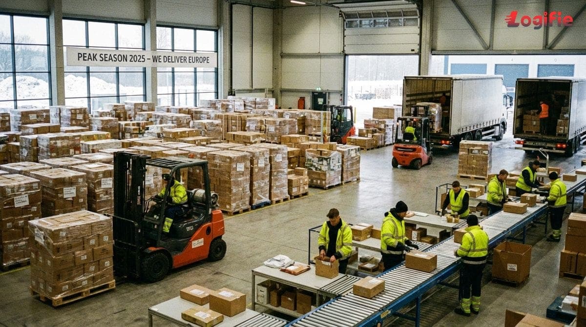 Busy European warehouse packed with pallets and staff preparing shipments during peak season