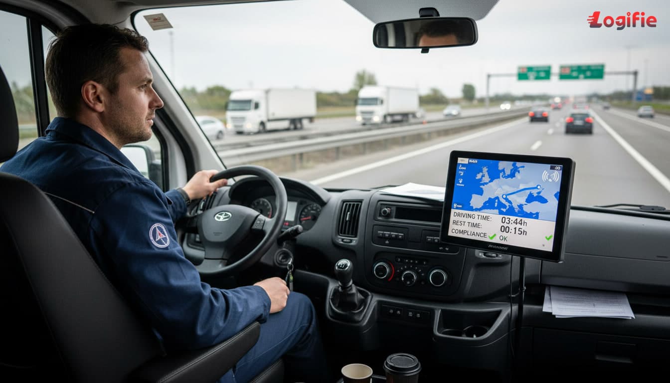 Europäischer Fahrzeugfahrer in der Fahrkabine mit digitalem Fahrtschreiber-Display, das Satellitenpositionierung und Compliance-Daten anzeigt