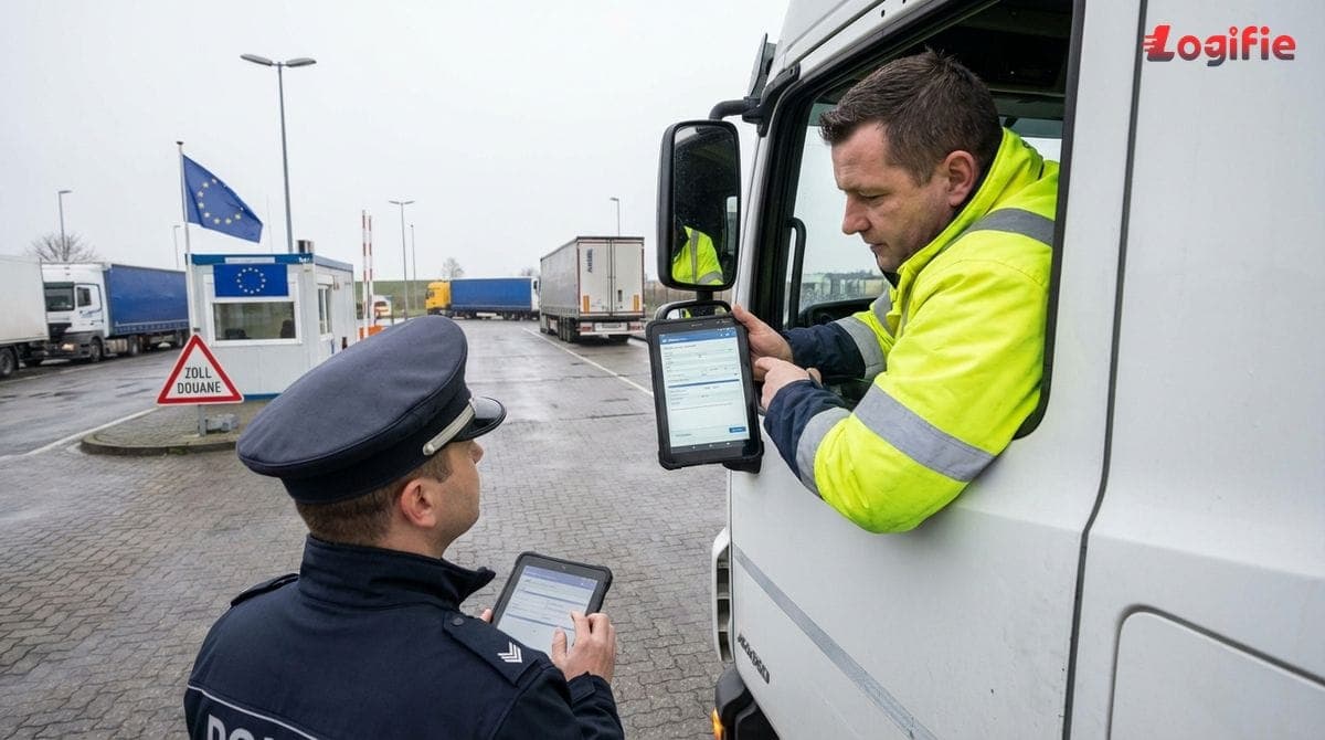 Lastbilschaufför visar elektroniska transportdokument på en handhållen enhet vid en europeisk gränskontroll.