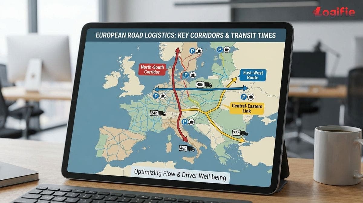 Map of Europe showing key road corridors with typical transit times, clocks and rest-stop markers