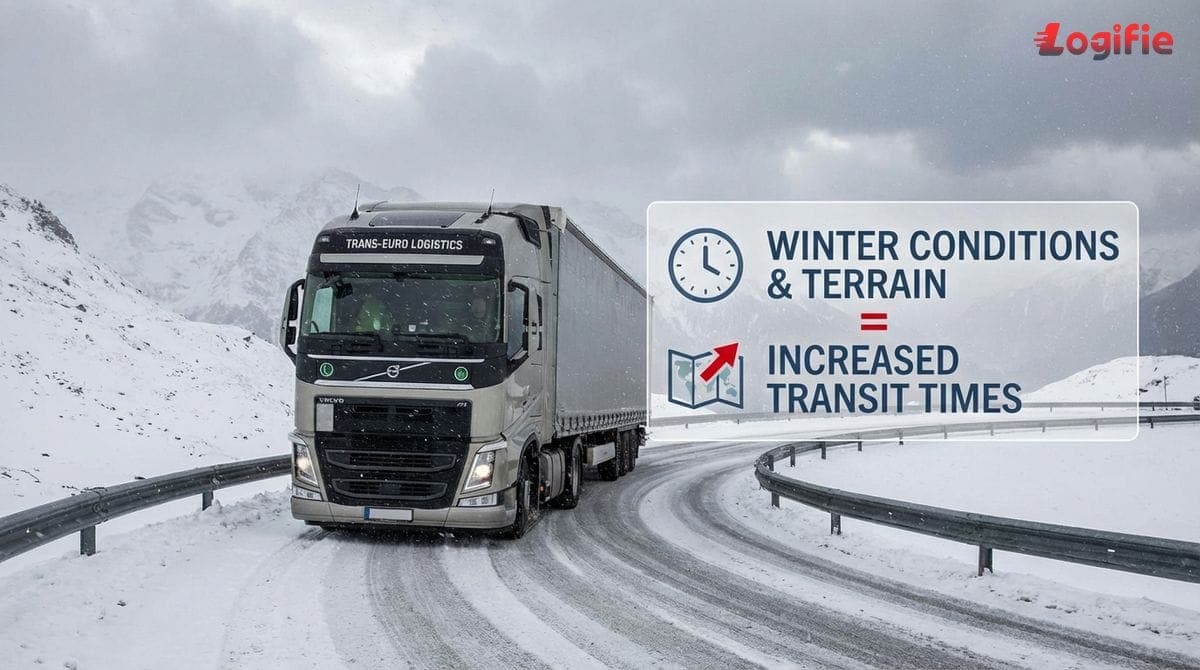 Truck navigates a snowy mountain pass, illustrating how weather and terrain stretch transit time