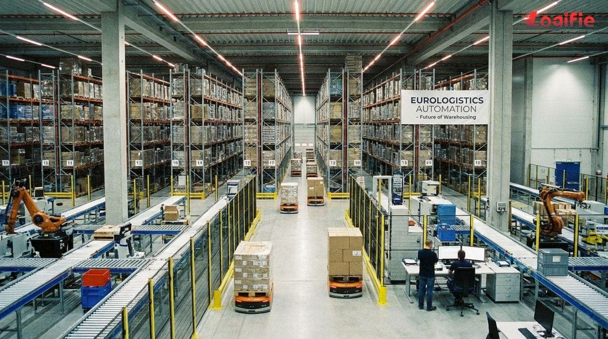Photo of an automated warehouse in Europe with autonomous mobile robots moving pallets along narrow aisles under bright lighting.