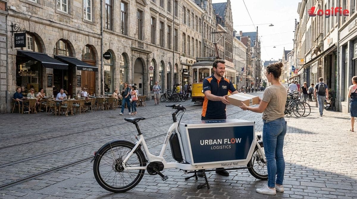 Bud som bruker en elektrisk lastesykkel i en europeisk gågate, med historiske bygninger i bakgrunnen.