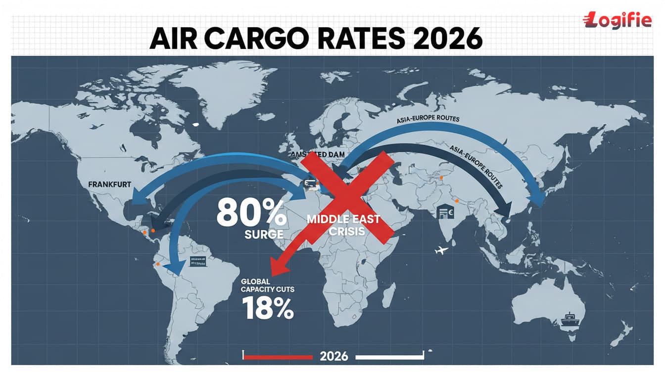 Air Cargo Rates 2026: Middle East Crisis Cuts 18% of Global Capacity as Asia-Europe Routes Surge 80%. Editorial European logistics visual focused on the main market shock, corridor disruption, and European freight response, with freight infrastructure, transport assets, and an analytical news-magazine look.