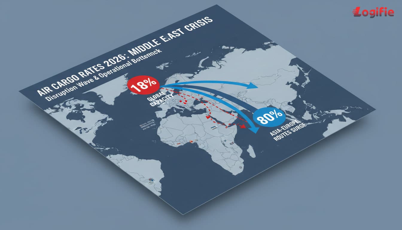 Air Cargo Rates 2026: Middle East Crisis Cuts 18% of Global Capacity as Asia-Europe Routes Surge 80%. Editorial European logistics visual focused on the first disruption wave and the operational bottleneck it created, with freight infrastructure, transport assets, and an analytical news-magazine look.