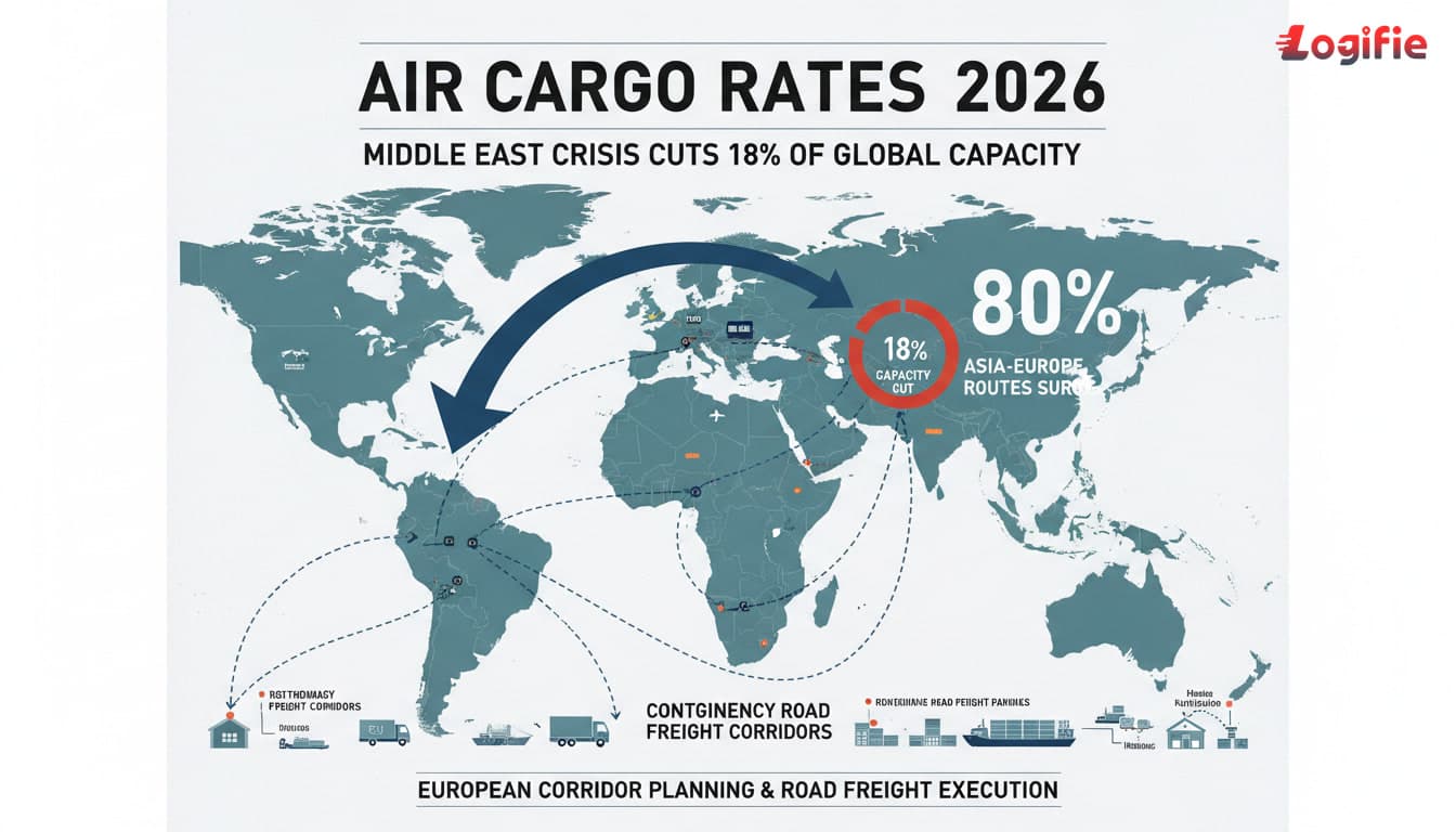 Air Cargo Rates 2026: Middle East Crisis Cuts 18% of Global Capacity as Asia-Europe Routes Surge 80%. Editorial European logistics visual focused on European corridor planning, inland routing, and road freight contingency execution, with freight infrastructure, transport assets, and an analytical news-magazine look.