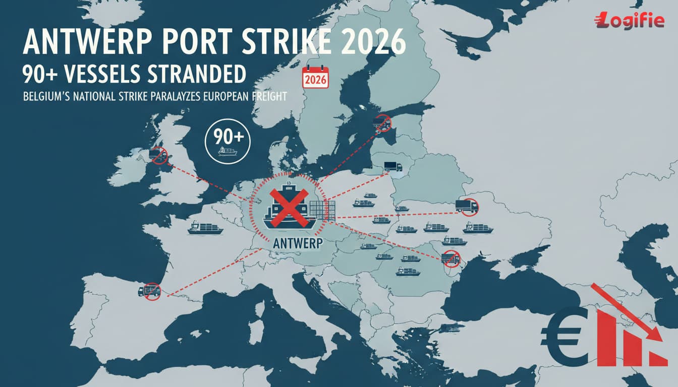 Antwerp Port Strike 2026: 90+ Vessels Stranded as Belgium's National Strike Paralyzes European Freight. Editorial European freight hero image with a logistics operations setting and strong finance cues.