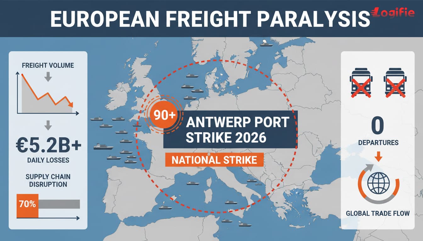 Antwerp Port Strike 2026: 90+ Vessels Stranded as Belgium's National Strike Paralyzes European Freight. Editorial logistics visual in Europe with operational dashboards, freight vehicles, and a finance context.