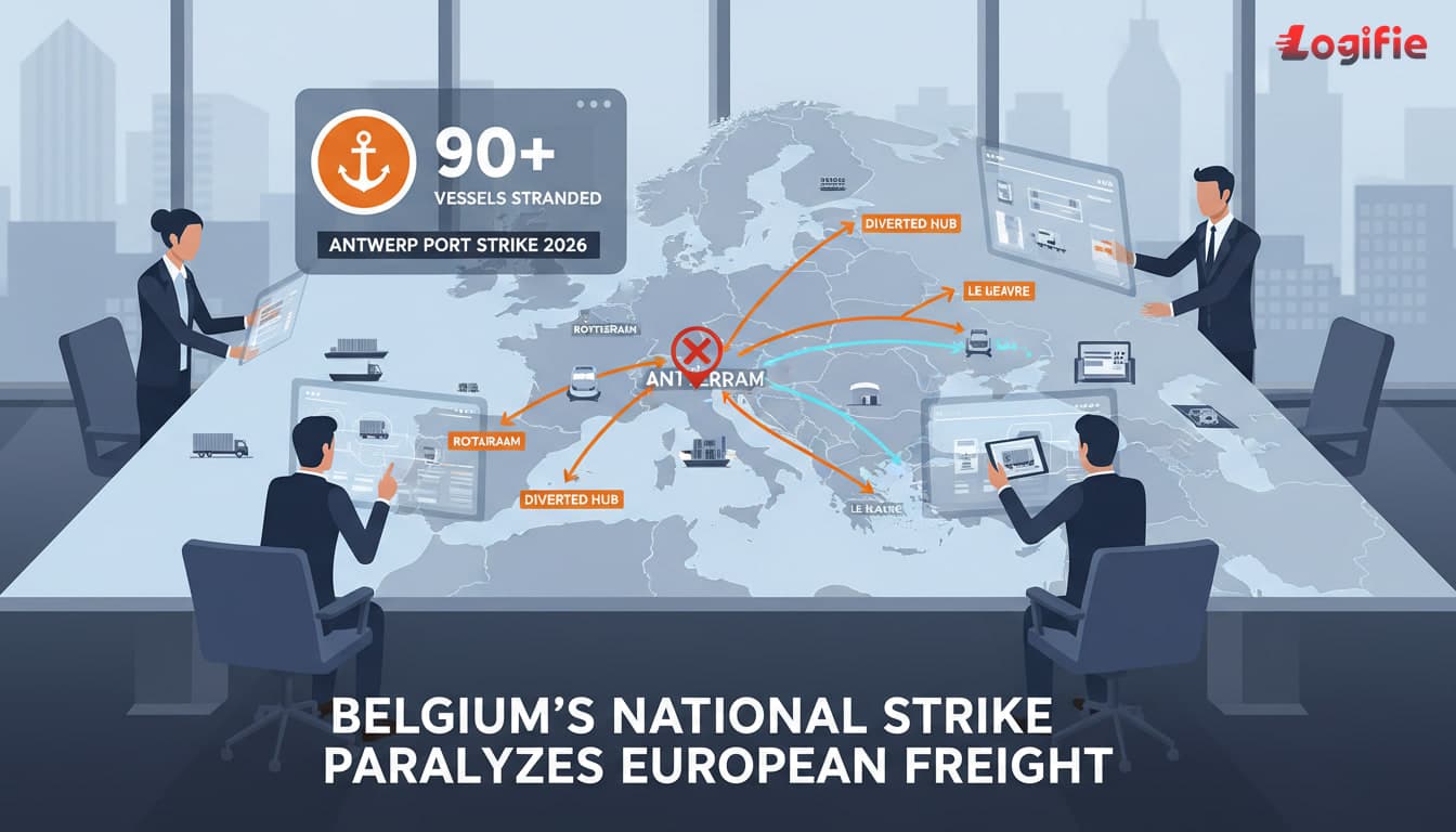 European freight corridor planning scene for antwerp port strike 2026: 90+ vessels stranded as belgium's national strike paralyzes european freight, showing route decisions, terminals, and transport managers at work.