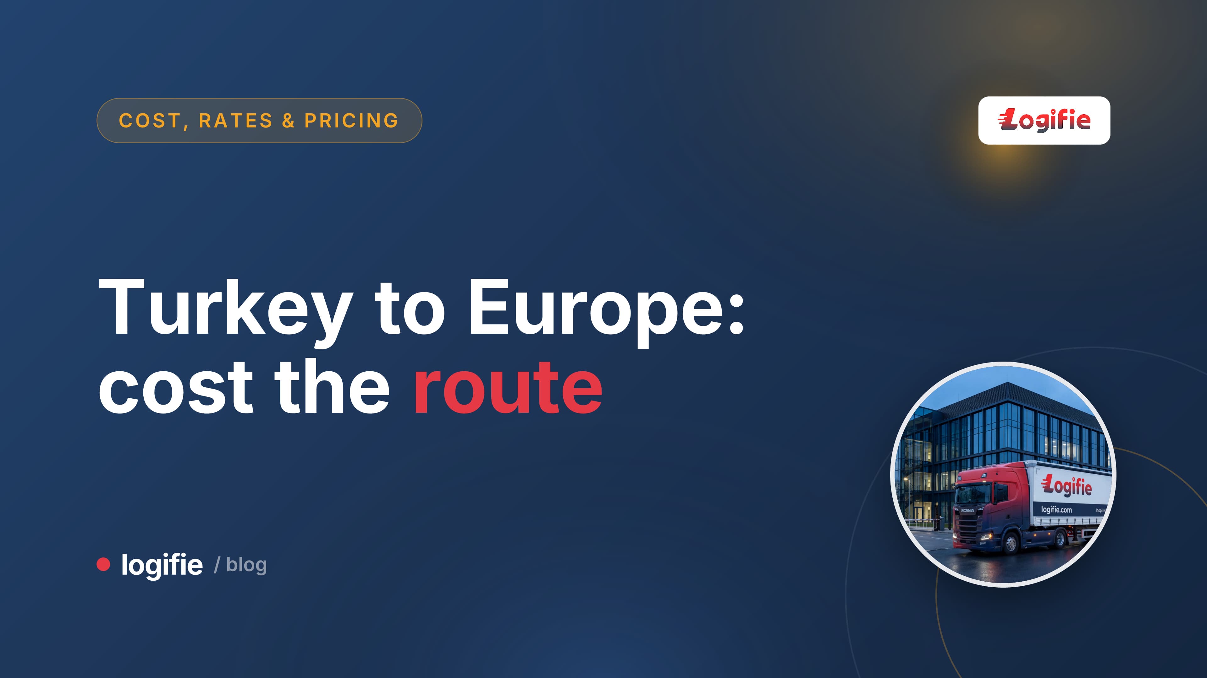 Editorial illustration of a Turkish truck route line crossing Bulgaria, Serbia and Hungary, with diesel price and toll markers at each border crossing