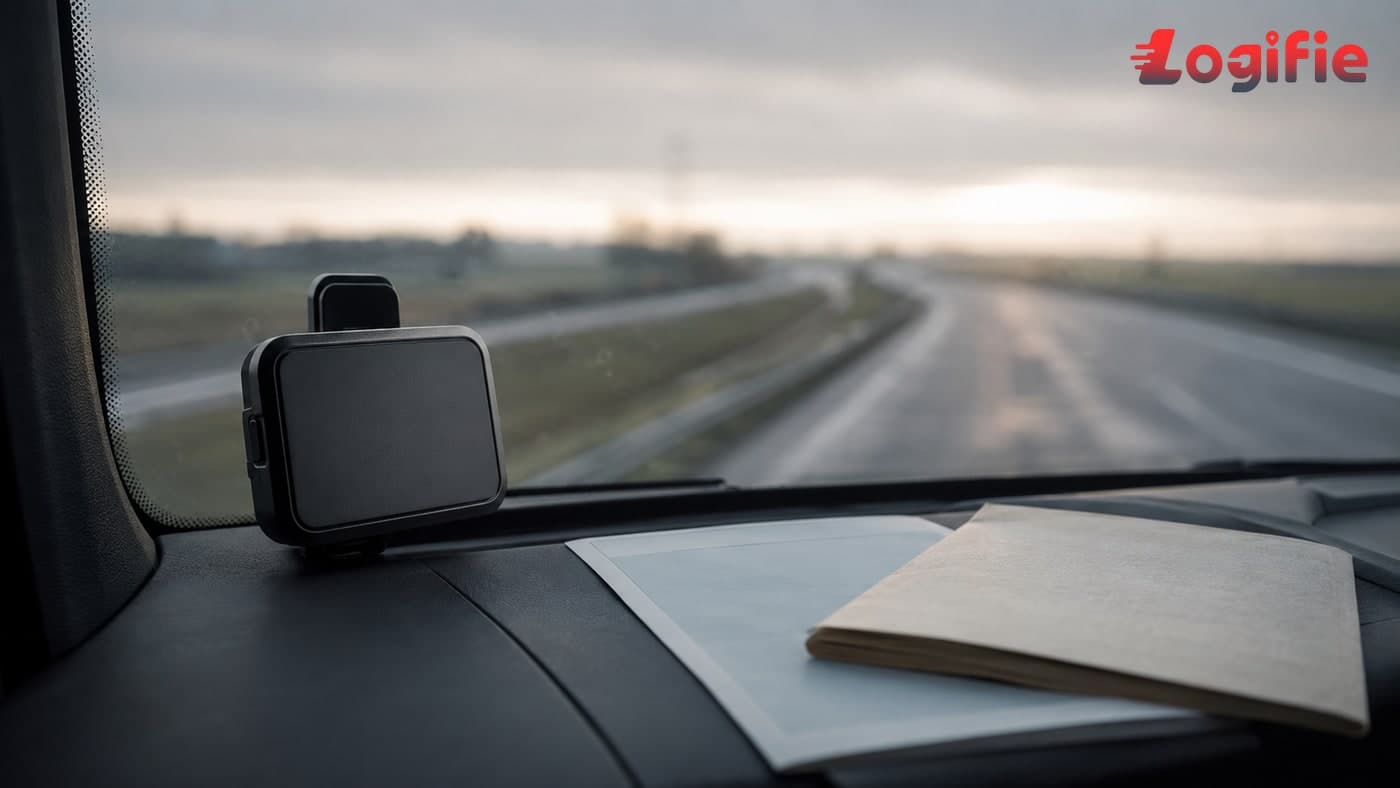 Editorial close-up of an on-board telematics unit clipped to the inside of a quiet European truck windscreen at first light, marking the Belgian CO2 emission class registration deadline of 1 July 2026.