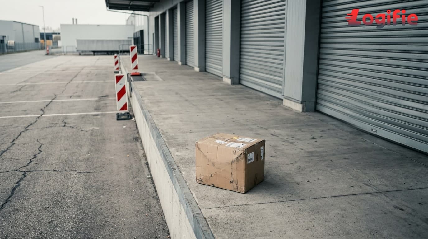 Illustrazione editoriale di una banchina di carico vuota con un avviso di spedizione usurato appuntato su un portone a rullo chiuso, che rappresenta la pressione finanziaria sugli operatori storici del trasporto su strada tedesco