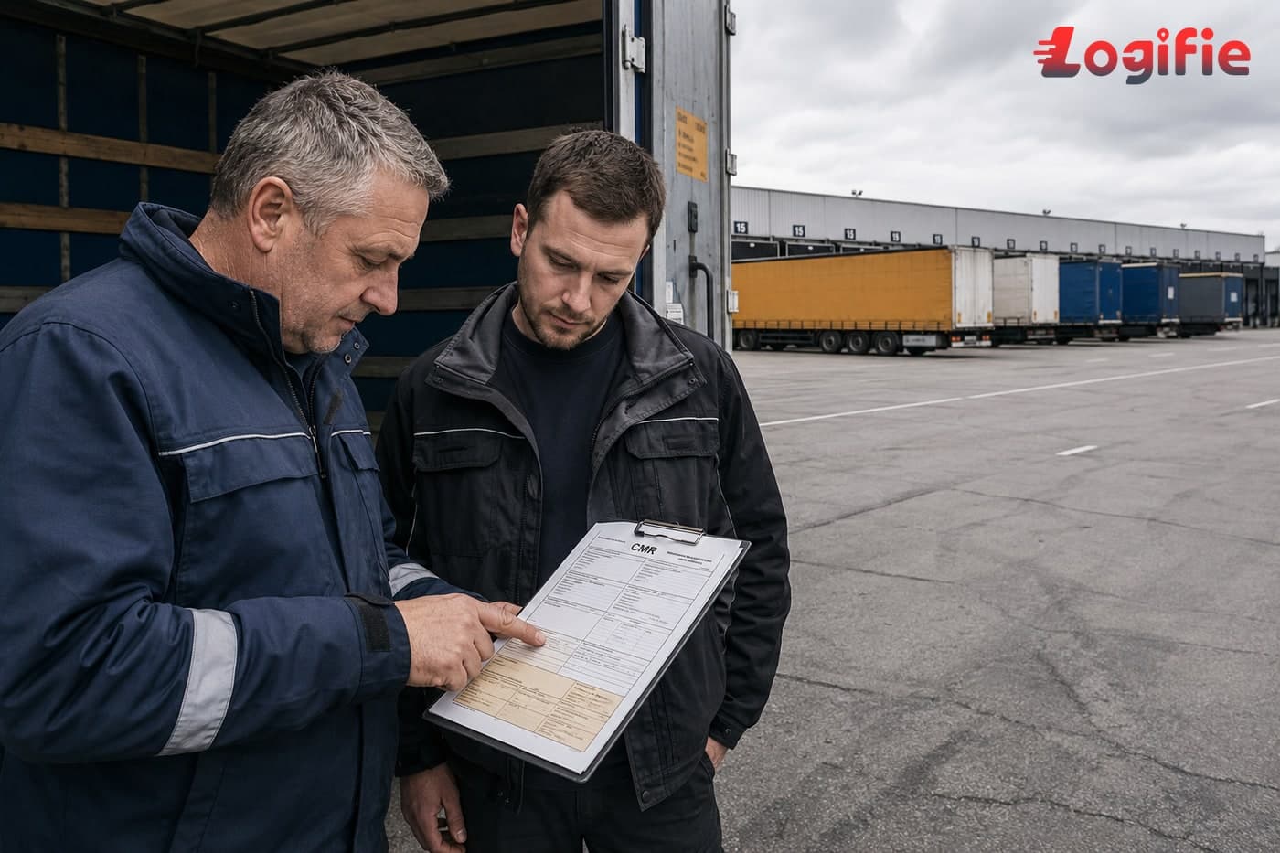 Due autisti di camion che esaminano una lettera di vettura cartacea sul retro di un semirimorchio aperto in un hub logistico
