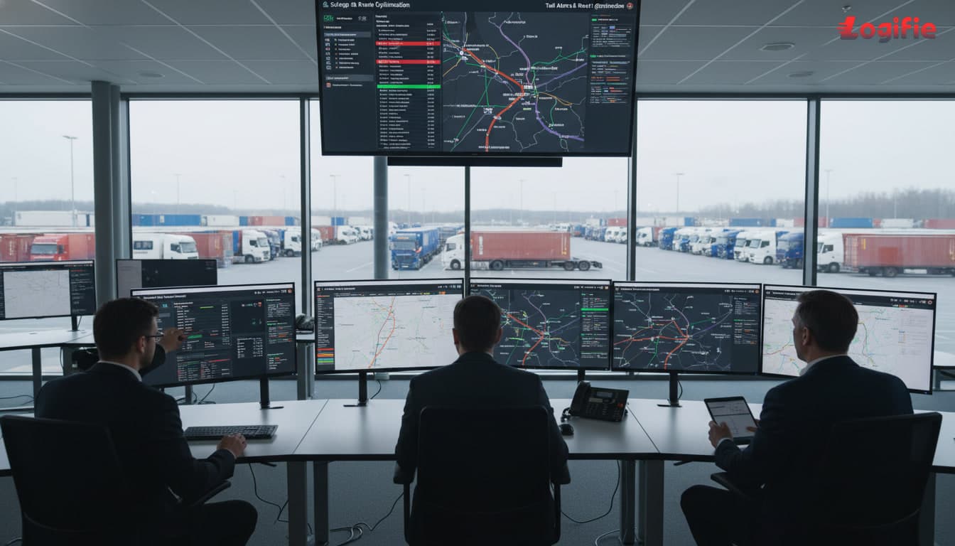 Photorealistic editorial scene inside a European freight control tower in March 2026, dispatch managers comparing diesel dashboards, corridor maps for Germany, Poland, Italy, France, Spain, and the Netherlands, surcharge spreadsheets, toll alerts, and live truck tracking screens, loaded tractor-trailers waiting outside a modern inland logistics hub, tense but professional financial-news atmosphere, no Russia or Belarus on any map.