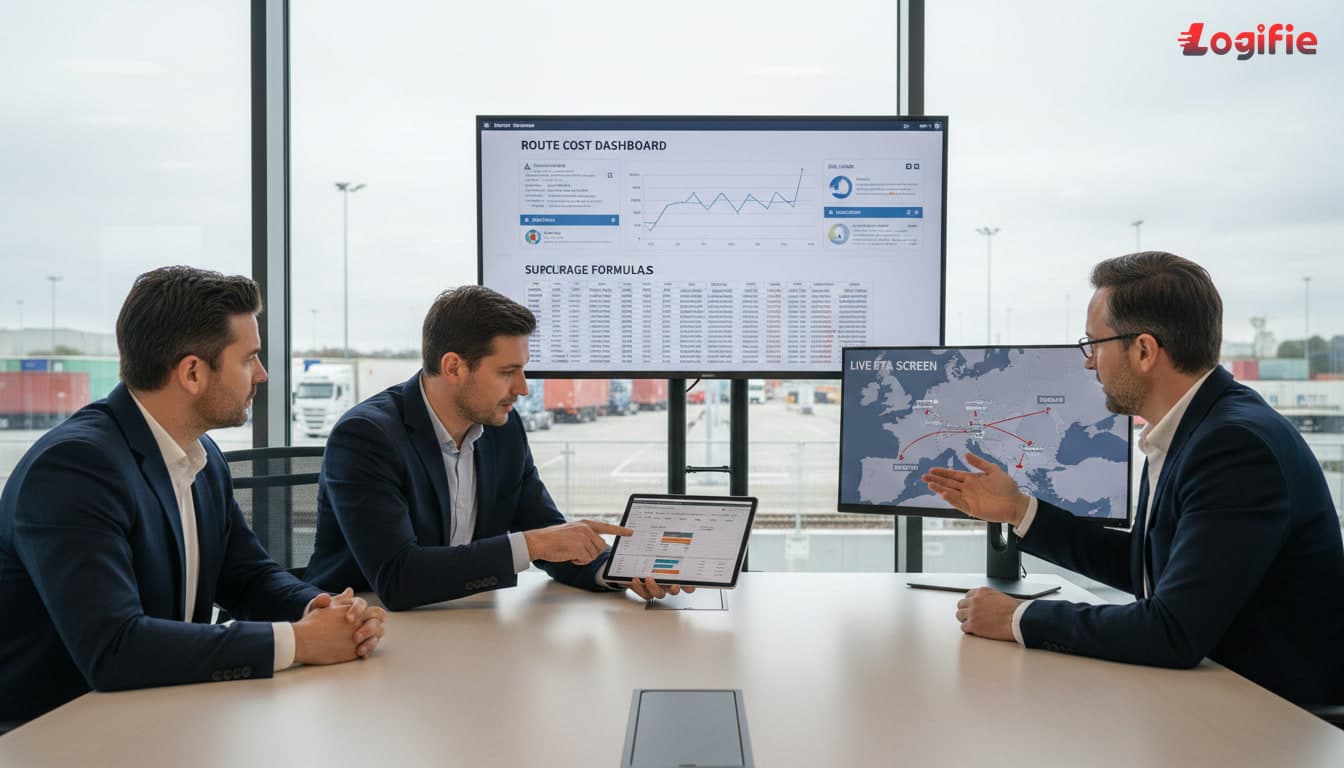 Photorealistic procurement and freight-operations meeting in a European logistics office, finance managers reviewing surcharge formulas, route cost dashboards, toll alerts, and live ETA screens, trucks visible through glass behind them, crisp editorial realism, focused professional mood, no Russia or Belarus on any wall map.