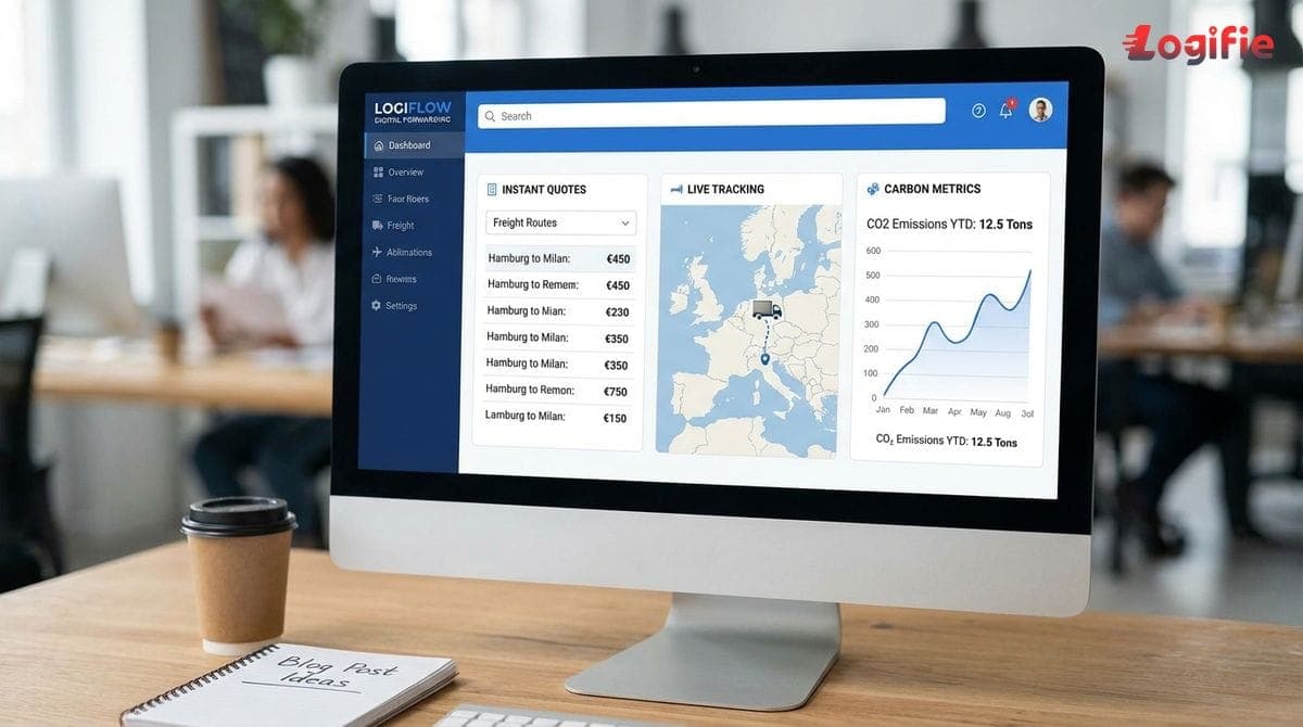 Dashboard van een digitaal forwardingplatform met directe offertes, live tracking en koolstofmetriek