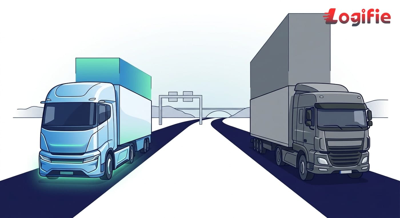 Electric HGV truck parked next to a diesel truck on a European motorway, showing a TCO cost comparison visual in a clean analytical style