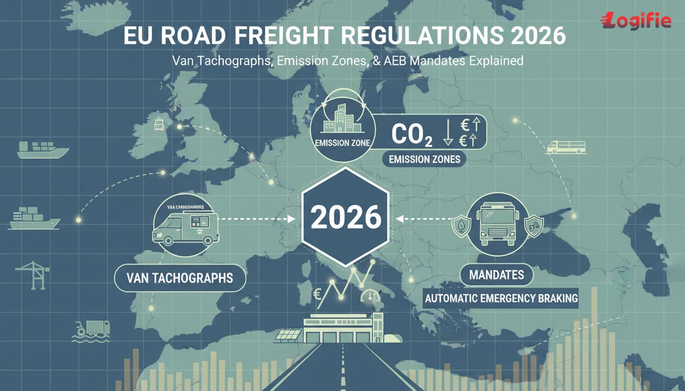 EU Road Freight Regulations 2026: Van Tachographs, Emission Zones, and AEB Mandates Explained. Editorial European freight hero image with a logistics operations setting and strong finance cues.