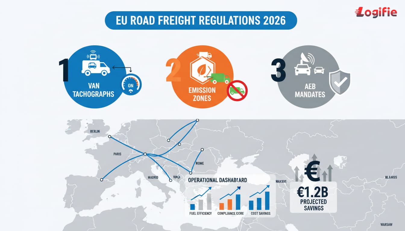 EU Road Freight Regulations 2026: Van Tachographs, Emission Zones, and AEB Mandates Explained. Editorial logistics visual in Europe with operational dashboards, freight vehicles, and a finance context.