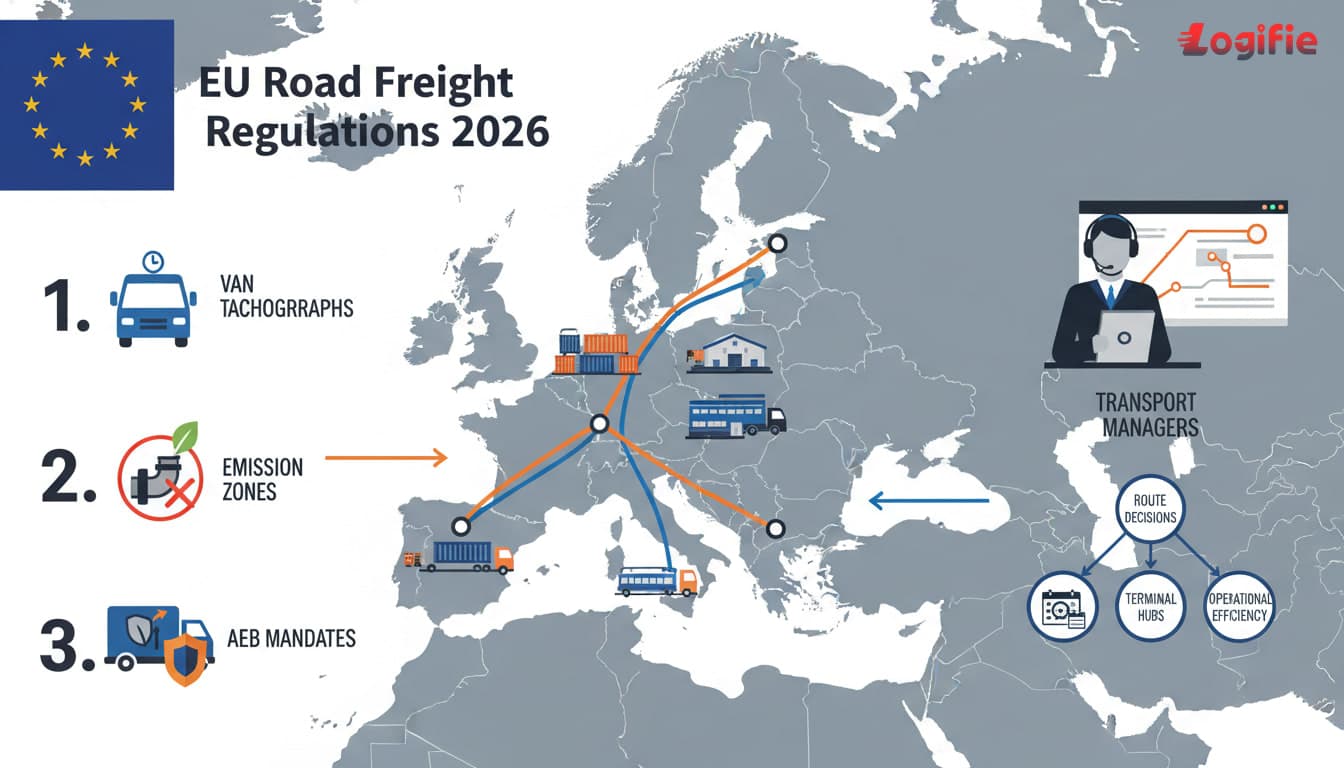 European freight corridor planning scene for eu road freight regulations 2026: van tachographs, emission zones, and aeb mandates explained, showing route decisions, terminals, and transport managers at work.