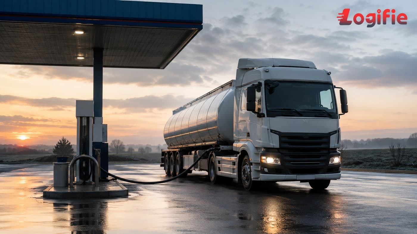 EU-Diesel Mai 2026: stilisierte Europakarte mit Deutschland, Italien, Polen, Spanien und Schweden hervorgehoben sowie Silhouette eines Tanklasters