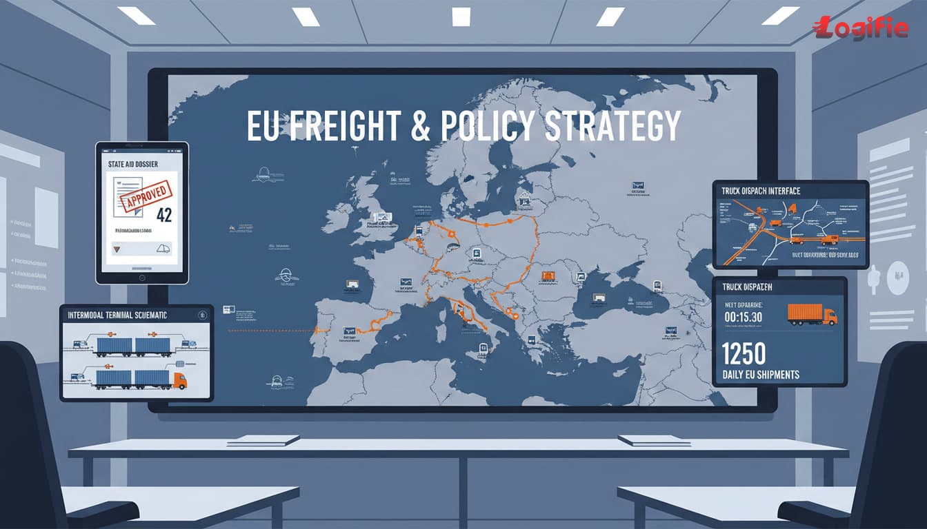 Cena editorial de política e operações de frete em Bruxelas mostrando dossiês de ajuda de Estado da UE, esquemas de terminais intermodais, vagões de frete ferroviário e telas de despacho de caminhões numa sala estratégica de briefing, estilo visual premium de jornal de transporte, sem Rússia ou Belarus em mapas de corredores exibidos.