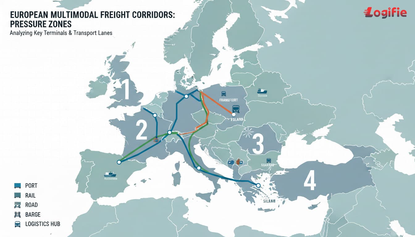 Visual detalhado de mapa de corredores de frete europeu mostrando Alemanha, Itália, Polônia, França, Espanha, Benelux, o Reno e o Danúbio como zonas de pressão multimodal com terminais, pátios ferroviários, barcaças e faixas de caminhões, estilo analítico de redação, sem Rússia ou Belarus no mapa.