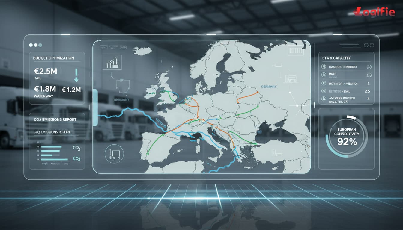 Cena fotorealista europeia de orçamento e planejamento de transporte para embarcadores, com equipes de compras comparando cotações de caminhão, ferrovia e vias navegáveis interiores em painéis de corredor, relatórios de CO2 e telas de ETA para Alemanha, Espanha, Itália, Polônia e Benelux, estilo premium de revista, sem Rússia ou Belarus em qualquer mapa.