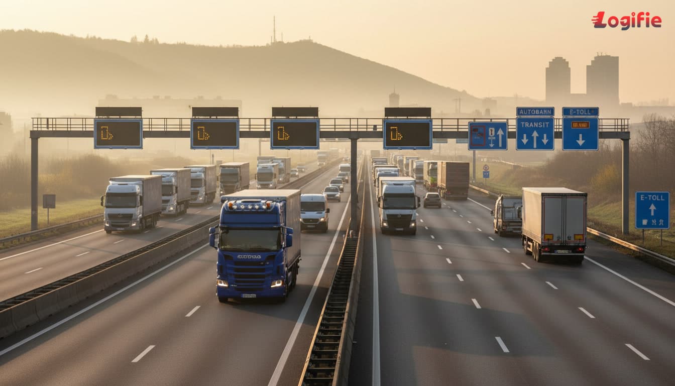 Photorealistic European heavy truck approaching an electronic motorway toll gantry on a cross-border freight corridor, realistic road signage and long-haul traffic, early morning light, documentary transport photography, no text overlay.
