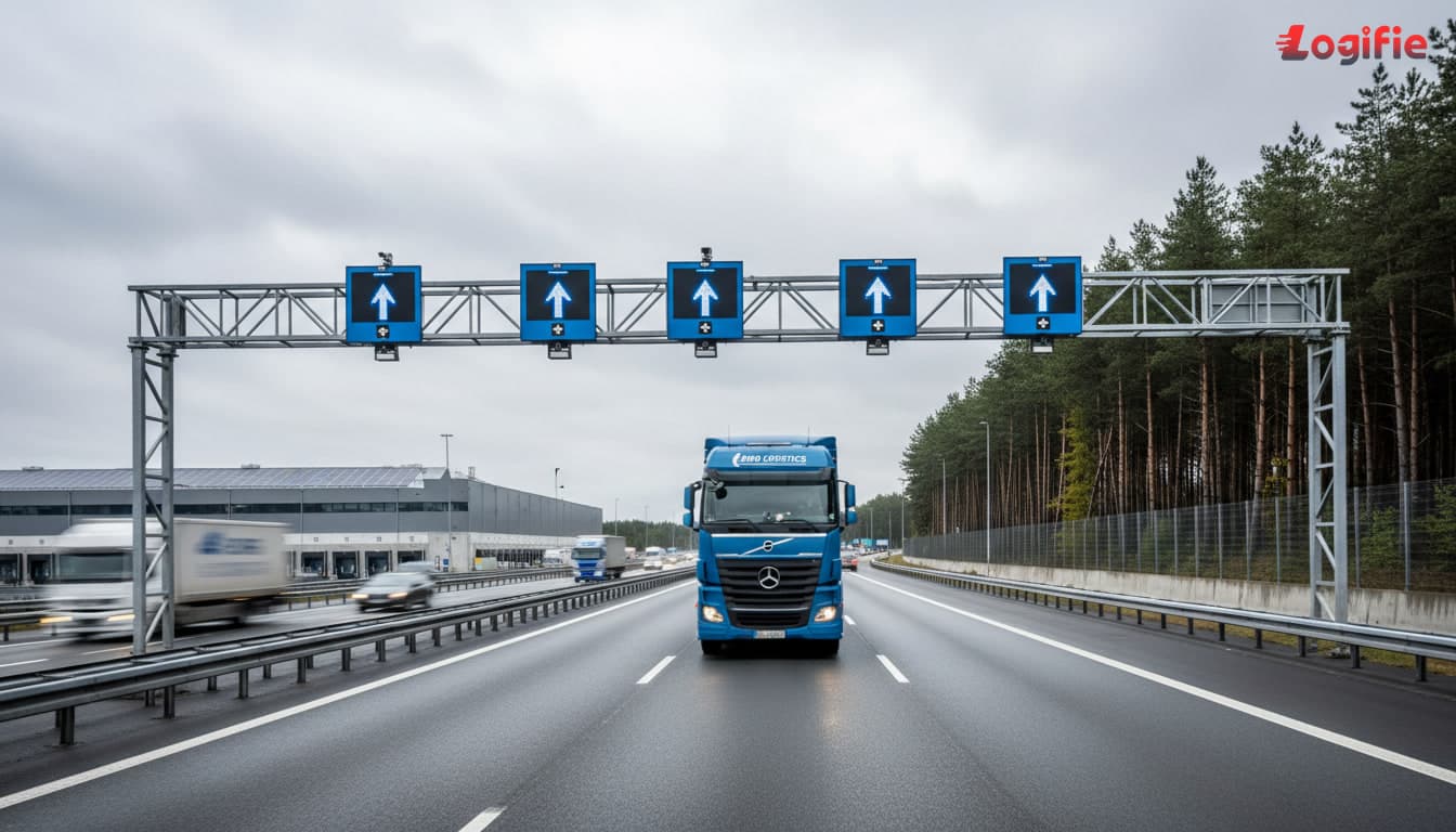 Photorealistic European freight truck passing under an electronic motorway toll gantry with realistic infrastructure details, road freight context, overcast daylight, documentary style, no text overlay.