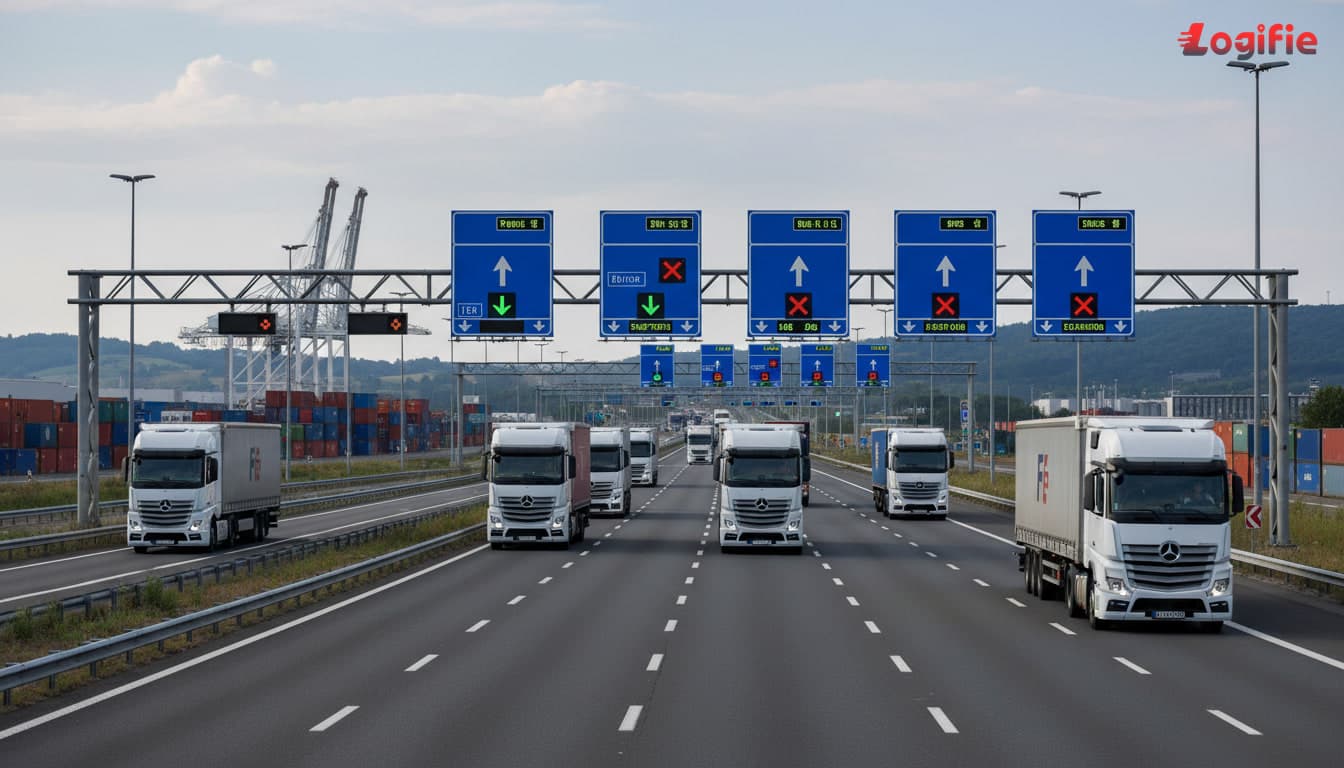 Photorealistic fleet of European heavy trucks travelling beneath electronic toll gantries on a major motorway corridor, realistic cross-border freight setting with lane control signage and infrastructure details, documentary style, no text overlay.