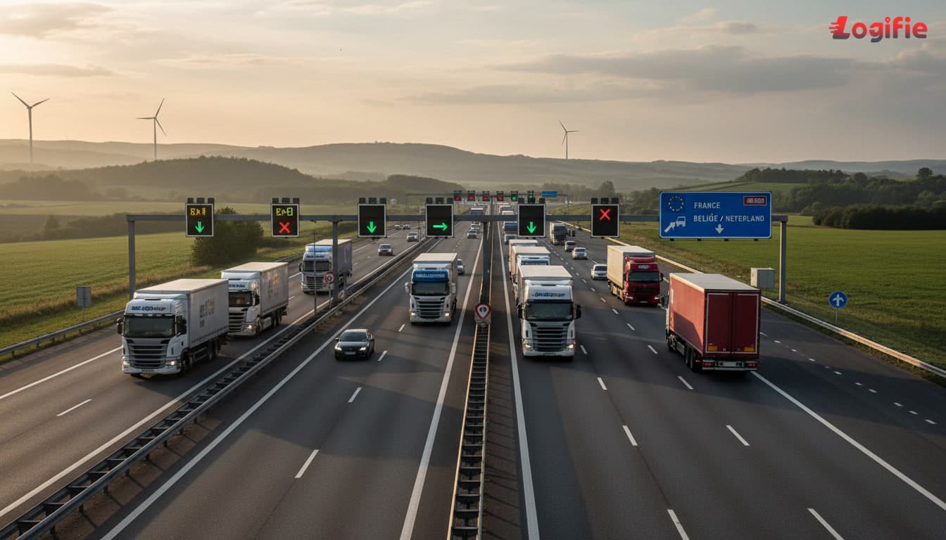 Photorealistic fleet of European heavy trucks travelling beneath electronic toll gantries on a major motorway corridor, realistic cross-border freight setting with lane control signage and infrastructure details, documentary style, no text overlay.
