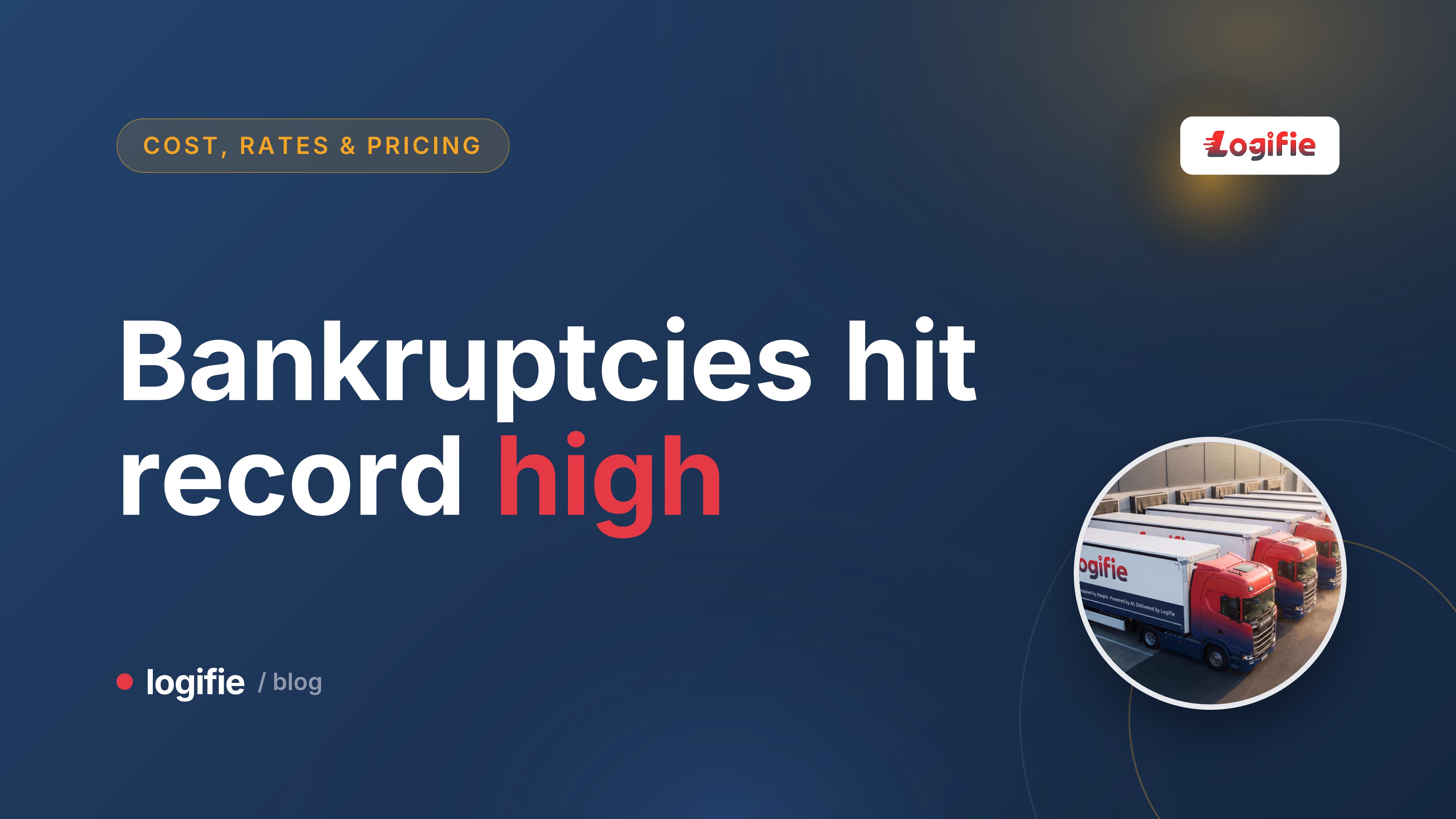 Editorial illustration of stylised cargo trailers standing on a rising bar chart, the tallest bar tipping into shadow, symbolizing the record rise in EU transport company bankruptcies.